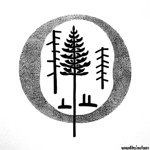 luna con una brujula y un bosque de pinos tattoo design idea