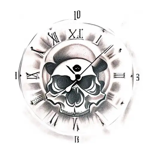 Vintage clock in a state of despair with ominous vintage skull behind it tattoo design idea