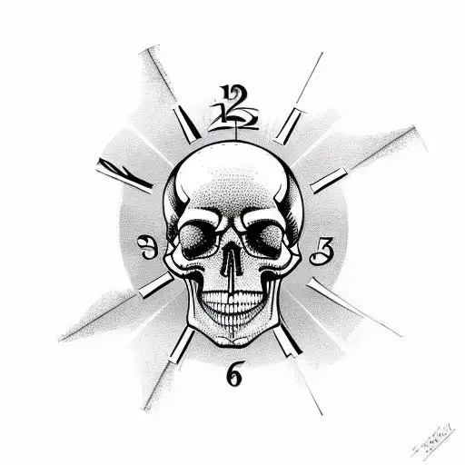 Vintage clock in a state of despair with ominous vintage skull behind it tattoo design idea