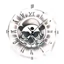 Vintage clock in a state of despair with ominous vintage skull behind it tattoo design idea