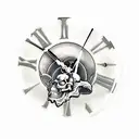 Vintage clock in a state of despair with ominous vintage skull behind it tattoo design idea