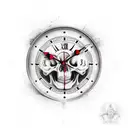 Vintage clock in a state of despair with ominous vintage skull behind it tattoo design idea