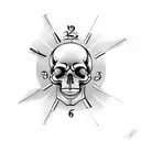 Vintage clock in a state of despair with ominous vintage skull behind it tattoo design idea