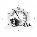 Vintage clock in a state of despair with ominous vintage skull behind it tattoo design idea