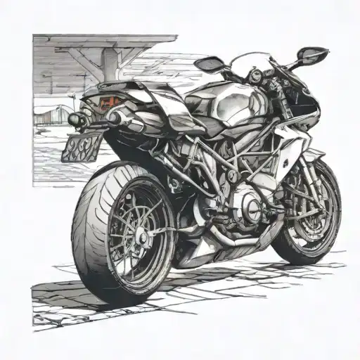 Create a realistic portrait of a Ducati motorcycle parked in front of an airport terminal, with the dancer's shadow cast on the ground tattoo design idea