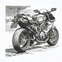 Create a realistic portrait of a Ducati motorcycle parked in front of an airport terminal, with the dancer's shadow cast on the ground tattoo design idea