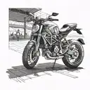 Create a realistic portrait of a Ducati motorcycle parked in front of an airport terminal, with the dancer's shadow cast on the ground tattoo design idea