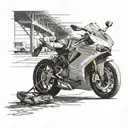 Create a realistic portrait of a Ducati motorcycle parked in front of an airport terminal, with the dancer's shadow cast on the ground tattoo design idea