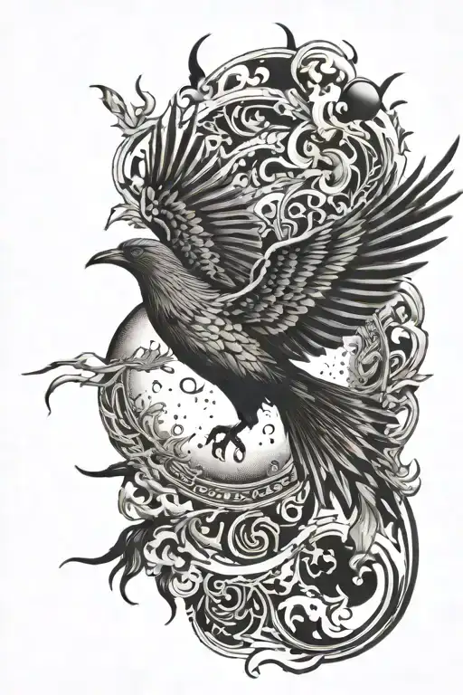 A mythic fire bird flying upward facing tward the sky with the camrea facing its belly. The blistering sun is in the bac tattoo design idea