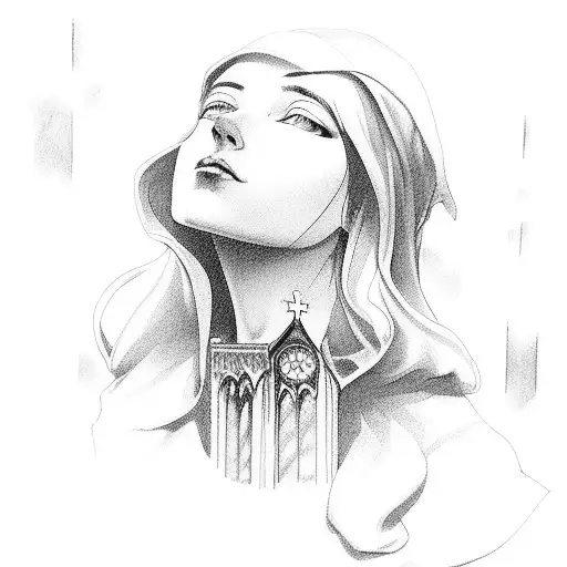 Portrait of Girl with Gothic Church Windows in the background tattoo design idea