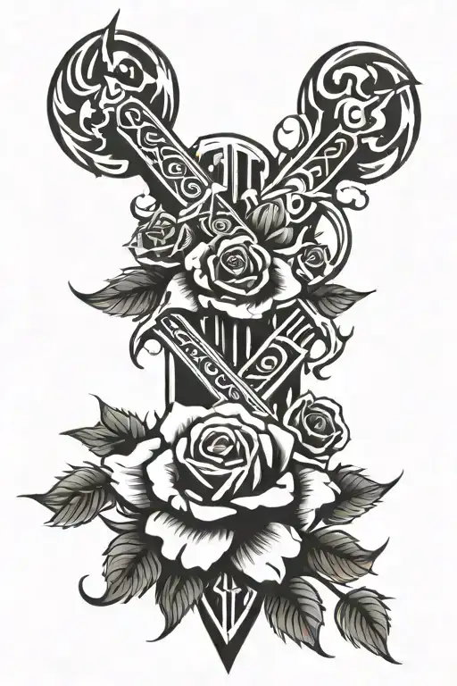 sword and roses tattoo design idea