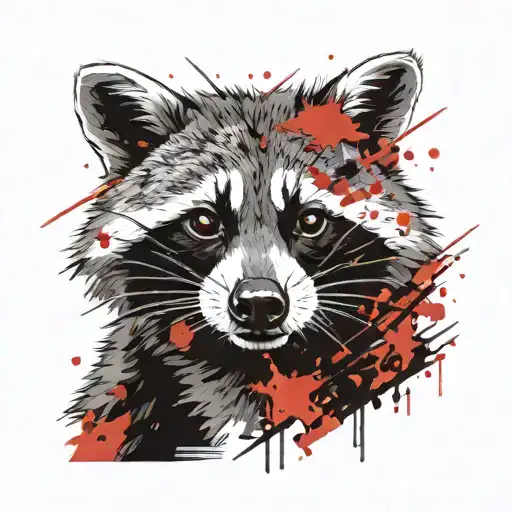 realistic raccoon with a red stripe on one eye and dark and creepy tattoo design idea