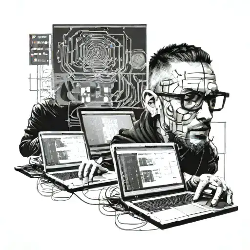 A realistic portrait of a hacker in action, surrounded by computer screens displaying lines of code tattoo design idea