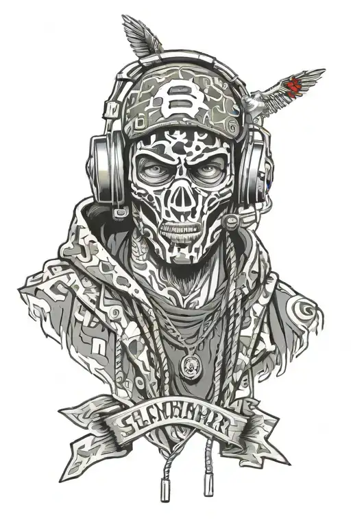 A realistic portrait of a scammer hacker in a cool setup gamer wearing bape tattoo design idea