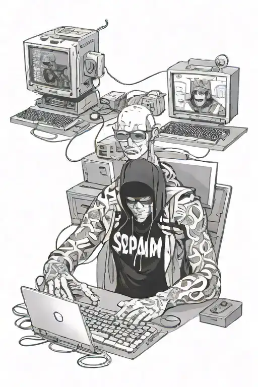 A realistic portrait of a scammer hacker surrounded by two computers doing spam tattoo design idea
