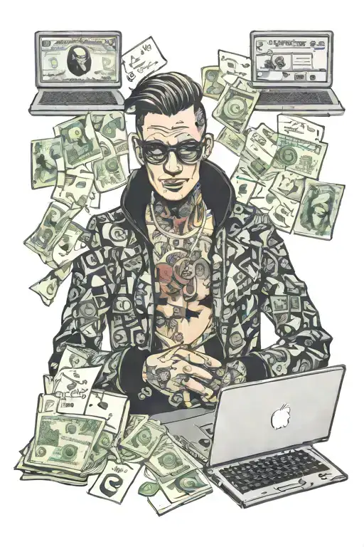 A realistic portrait of a scammer hacker, surrounded by computer screens and money who has a good fashion outfit and   tattoo design idea