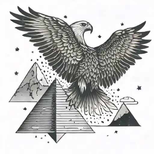 A cosmic scene depicting a majestic eagle perched on a pyramid under a starry sky, with elements of history subtly incorporated tattoo design idea