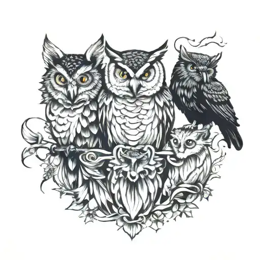 owl, raven snake and wolf tattoo design idea