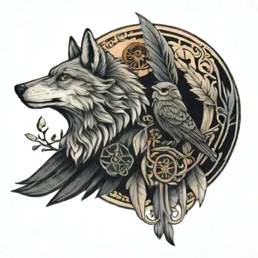 wolf, raven, snake and owl tattoo design idea