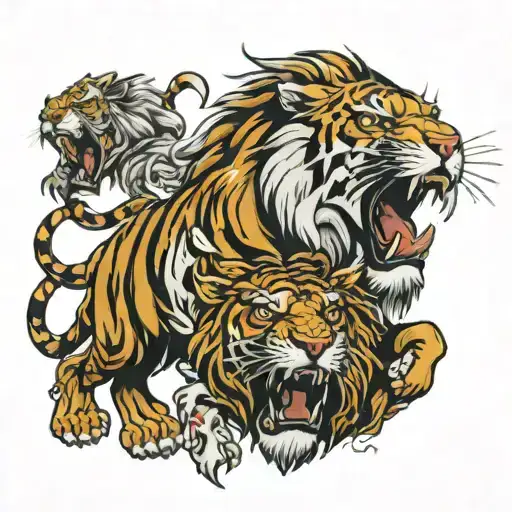 tiger and lion roaring tattoo design idea