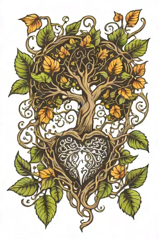 tree of life with leaves growing and falling and the roots are growing around a heart tattoo design idea