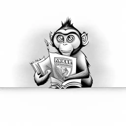 Accountant monkey reading a book with an embroidery needle as a bookmark tattoo design idea