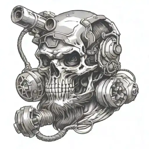 A bearded skull with a headset with a smoke grenade in his mouth and smoke coming from both side  tattoo design idea