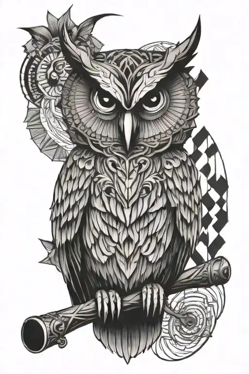 owl holding a scroll across tattoo design idea