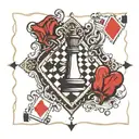 CHESS BOARD WITH ACE OF HEARTS CARD STUCK IN THE MIDDLE, GIVING AN EARTHQUAKE LIKE EFFECT ON THE CHESS BOARD tattoo design idea