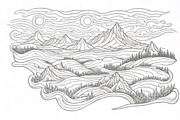 swirly mountains connecting to waves with a cornfield somewhere tattoo design idea
