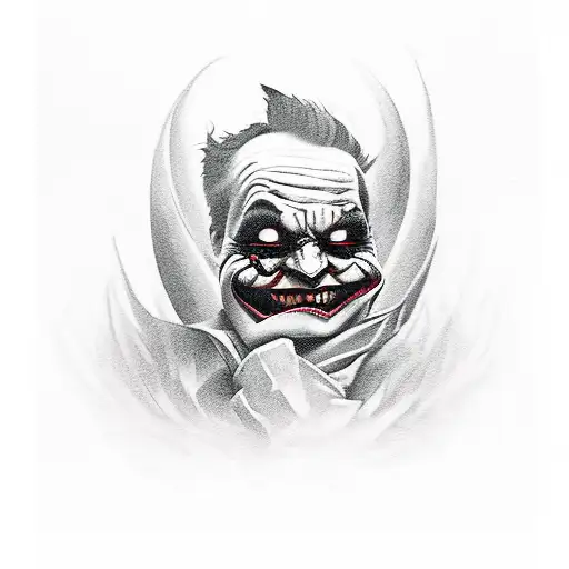 The dark knight joker standing in front of a gotham city landscape, holding a burning 100 dollar bill tattoo design idea