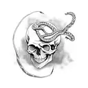 skull in front of aspen trees and coiled snake tattoo design idea