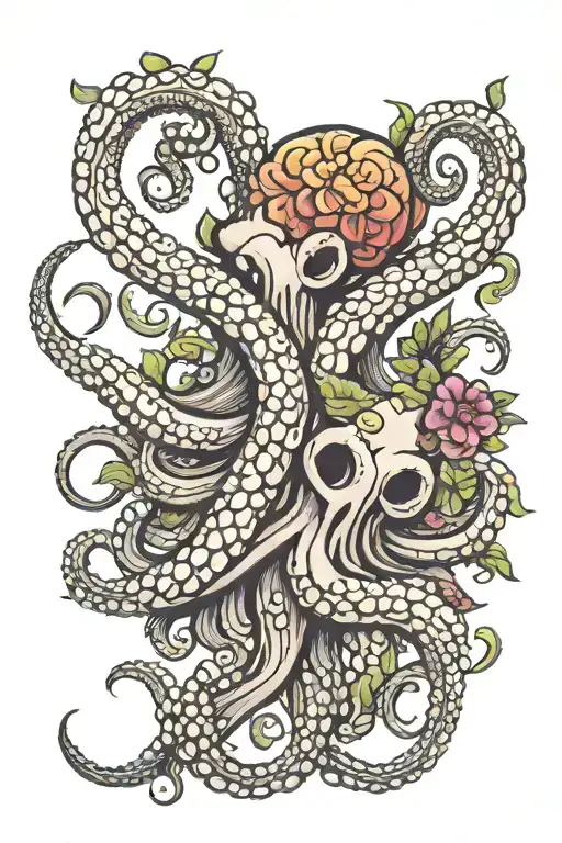 octopus tentacles colorful flowers tattoo design idea