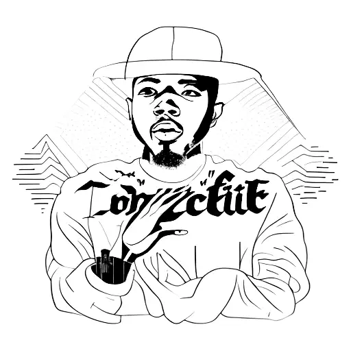 A silhouette of Kendrick Lamar with lyrics flowing around him tattoo design idea