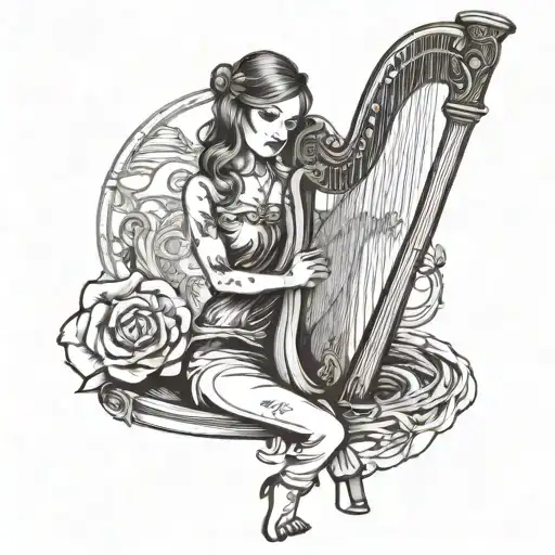 girl with 100 dollar bill playing a harp tattoo design idea
