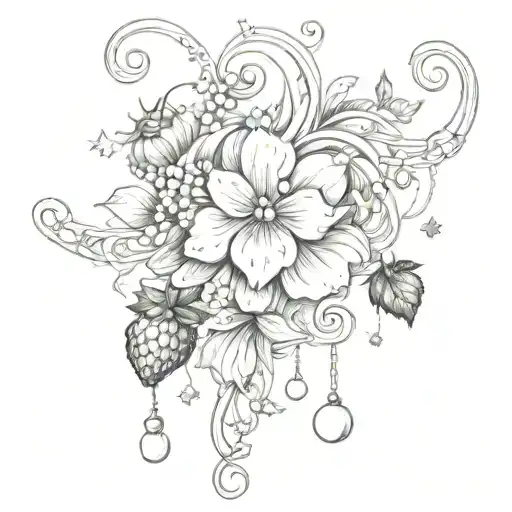 swirls and kawaii and delicate pearls and chains and stars and swirls and bows and strawberries  tattoo design idea