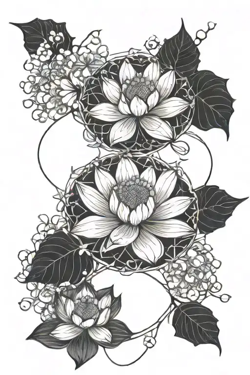 cherry blossoms, lotus flower, mandala, box linework, long and wide  tattoo design idea