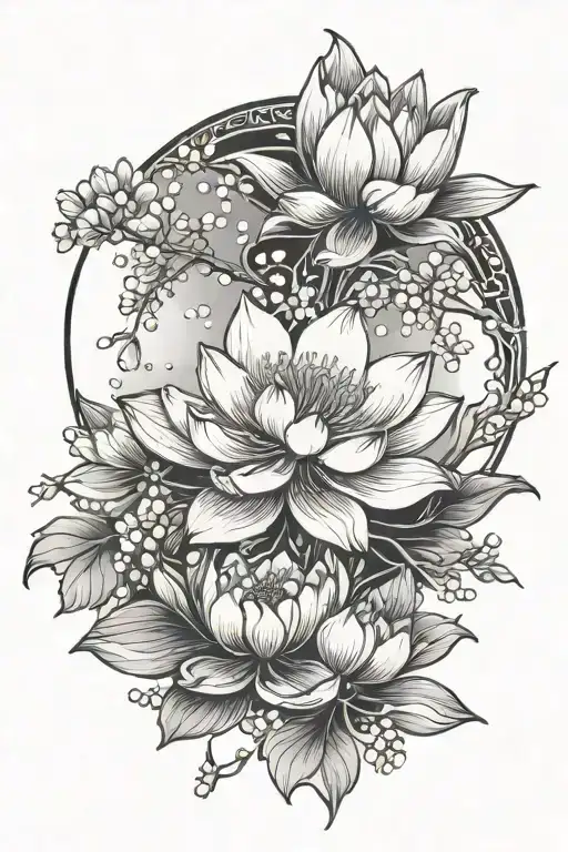 cherry blossoms, moon, 1 lotus flower, box linework, dot work, feminine tattoo design idea