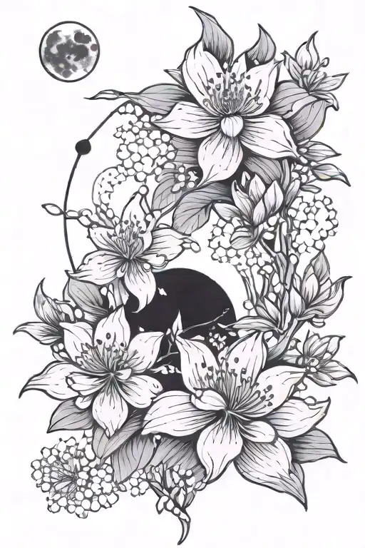 cherry blossoms, moon, 1 lotus flower, linework, dot work, feminine, spider lilly flower, long and wide  tattoo design idea