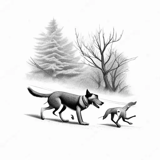 A trail runner leaping over a fallen tree with a pack of dogs following behind tattoo design idea