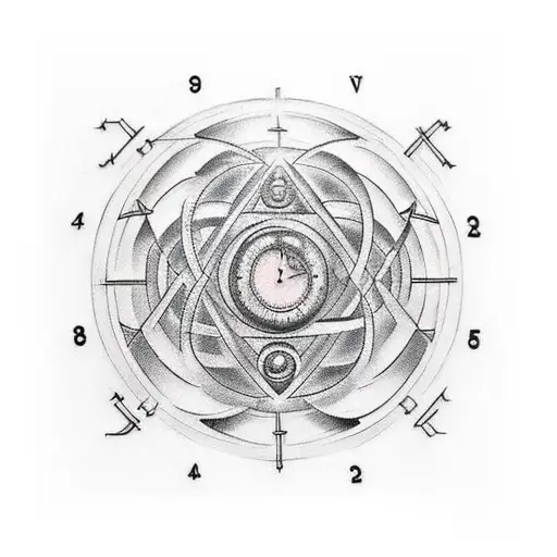 Design a tattoo concept featuring a temporal labyrinth interwoven with timelines, incorporating a pendulum as a central  tattoo design idea