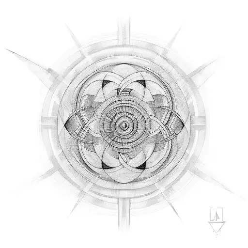 Design a tattoo concept featuring a temporal labyrinth interwoven with timelines, incorporating a pendulum as a central  tattoo design idea