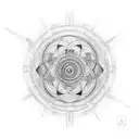 Design a tattoo concept featuring a temporal labyrinth interwoven with timelines, incorporating a pendulum as a central  tattoo design idea