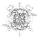 Design a tattoo concept featuring a temporal labyrinth interwoven with timelines, incorporating a pendulum as a central  tattoo design idea