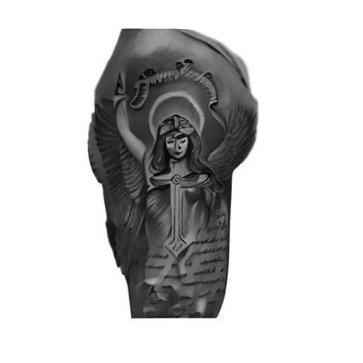 a tattoo of lady justice with wings and words of prayer tattoo design idea