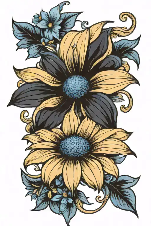 black eyed Susan and blue daisy flower tattoo design idea