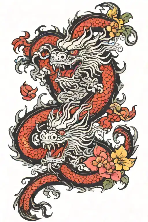 chinese dragon with foo dogs guarding 5 roses mayflowers hibiscus tattoo design idea
