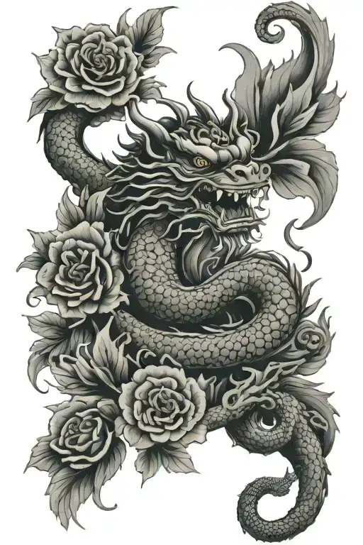 chinese dragon with foo dogs guarding 5 roses mayflowers hibiscus tattoo design idea