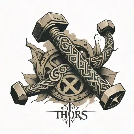 thors hammer with destiny is all writtern around it  tattoo design idea