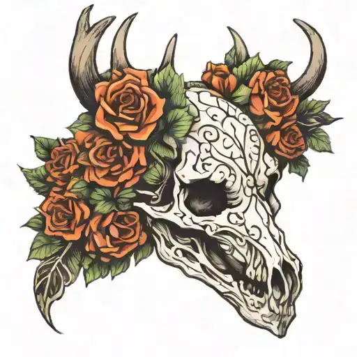 deer skull with flowers wrapped tattoo design idea
